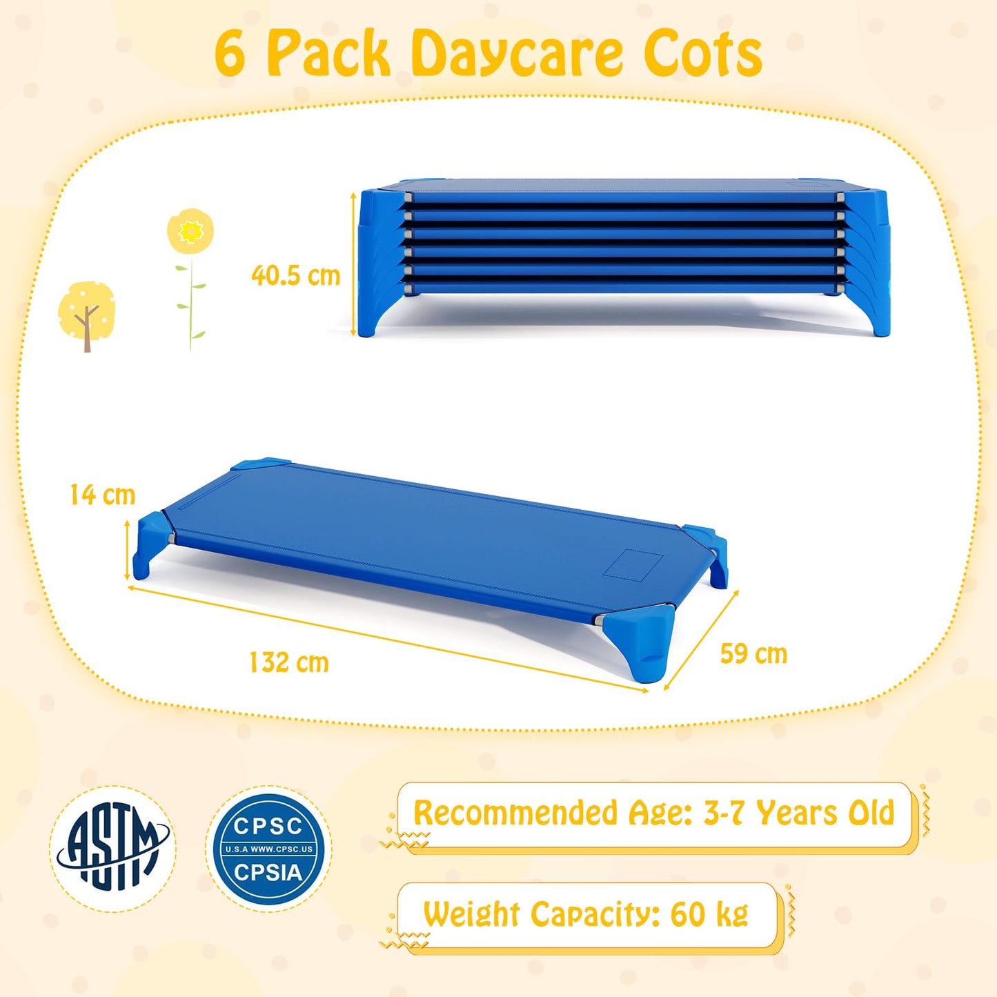 6 Pack Stackable Children's Nap Time Cots with Metal Frame and Oxford Cloth