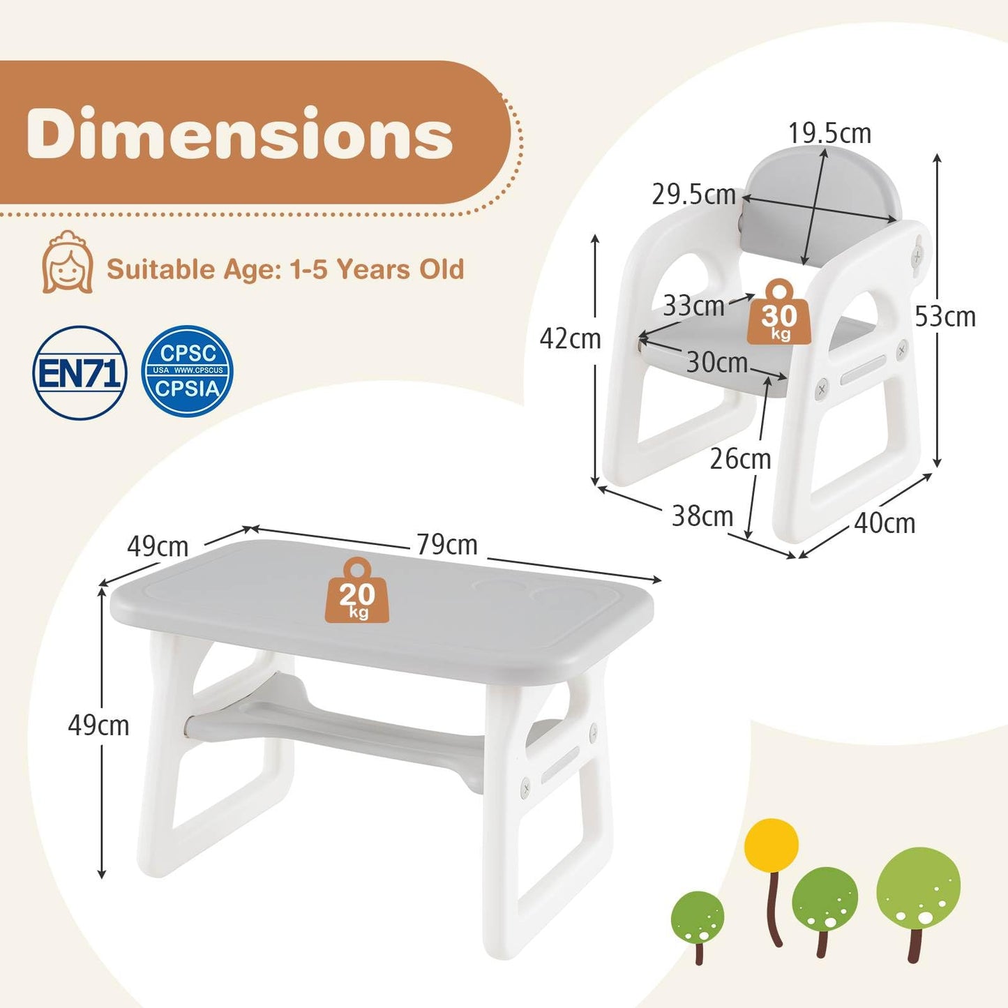 Kids Table and Chairs Set with 2 Chairs for Kids