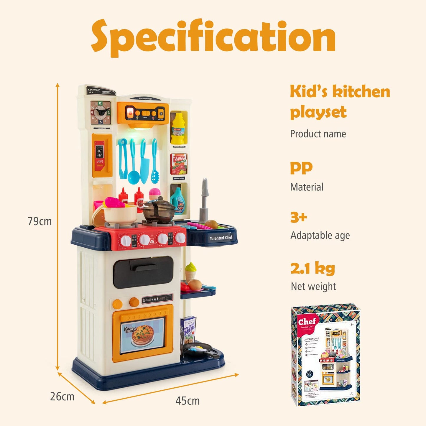 Kids Play Kitchen Set with 65 Pieces Accessories & Pretend Steam