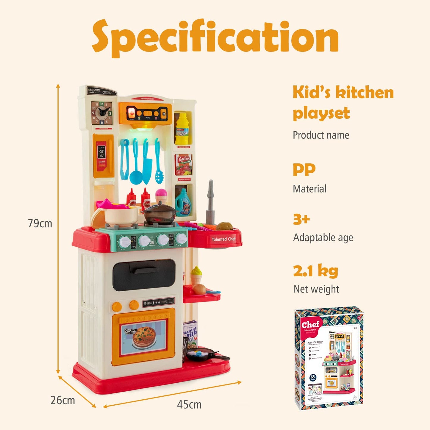 Kids Play Kitchen Set with 65 Pieces Accessories & Pretend Steam