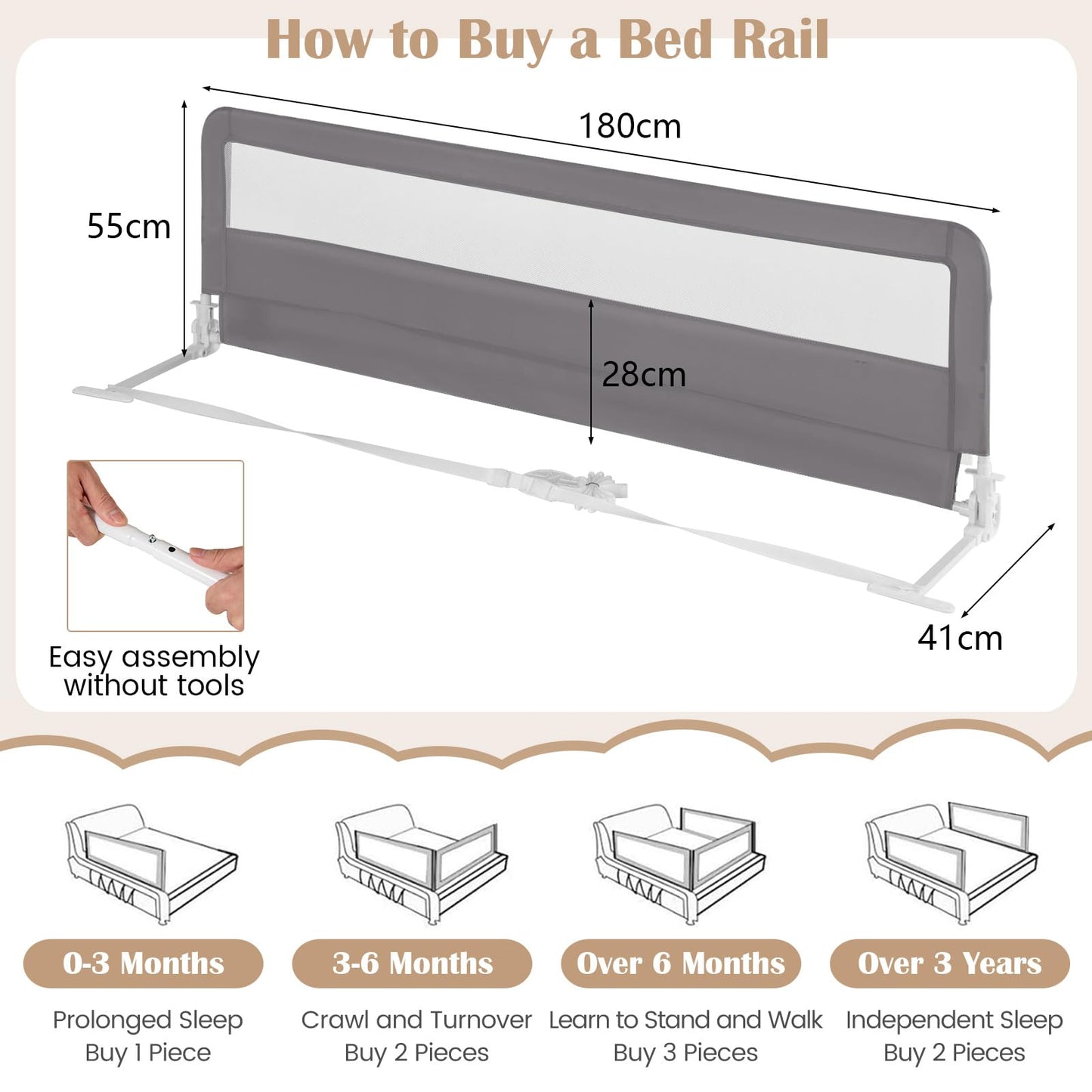 Foldable Mesh Bed Rail with Safety Straps for Toddlers