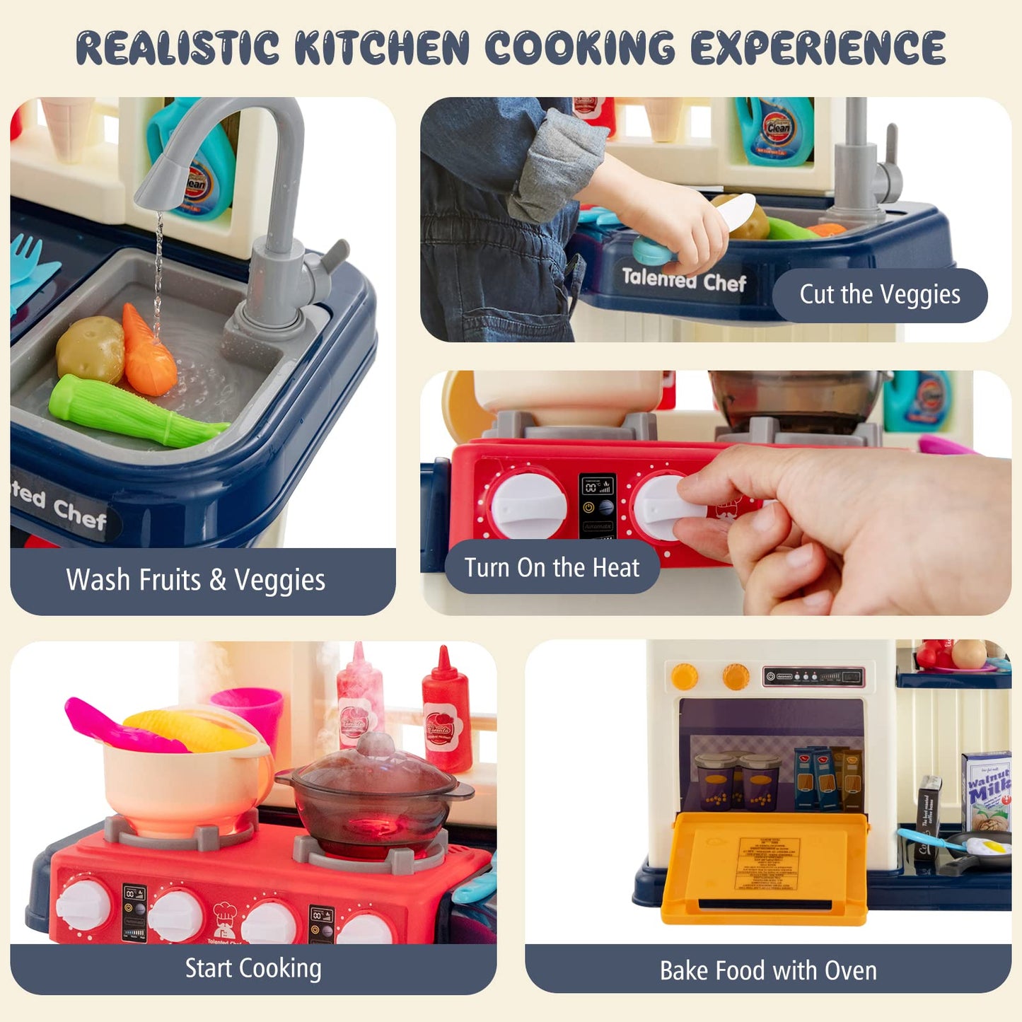 Kids Play Kitchen Set with 65 Pieces Accessories & Pretend Steam