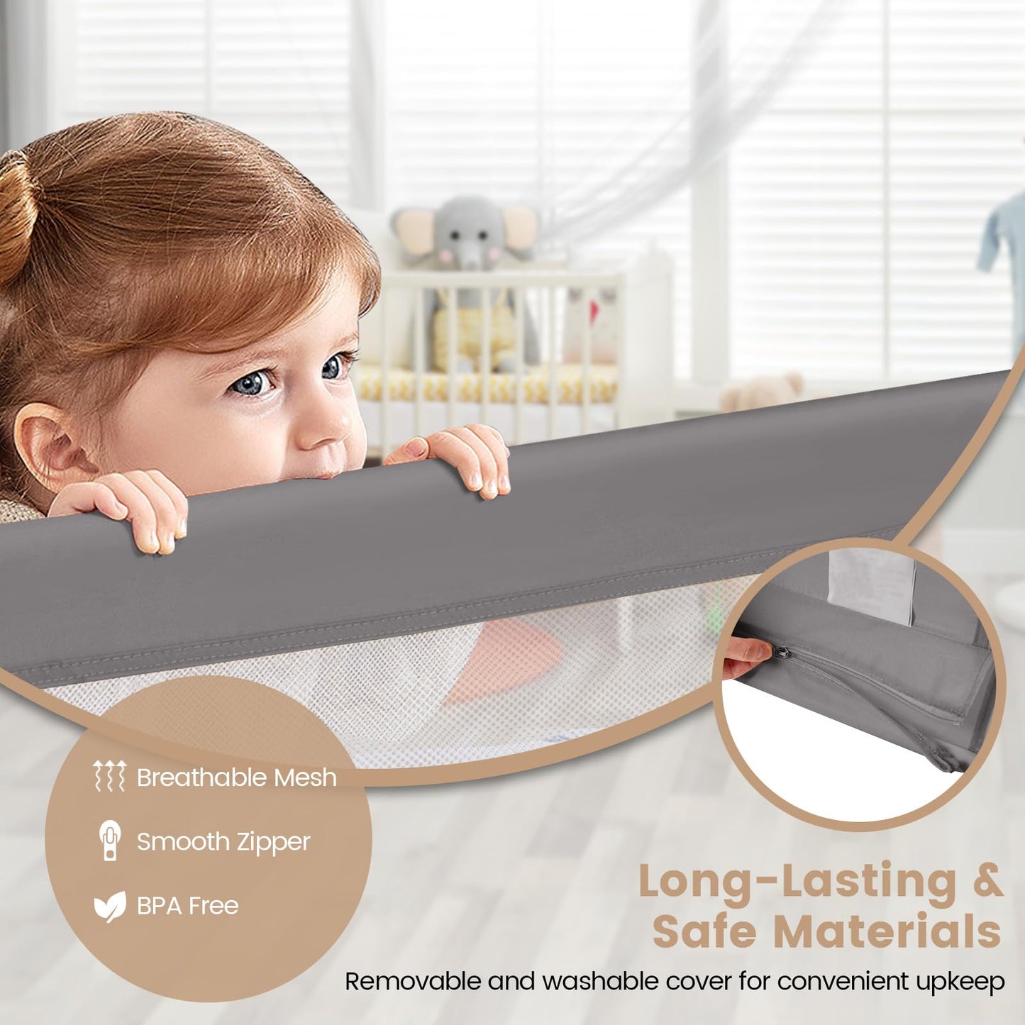 Foldable Mesh Bed Rail with Safety Straps for Toddlers