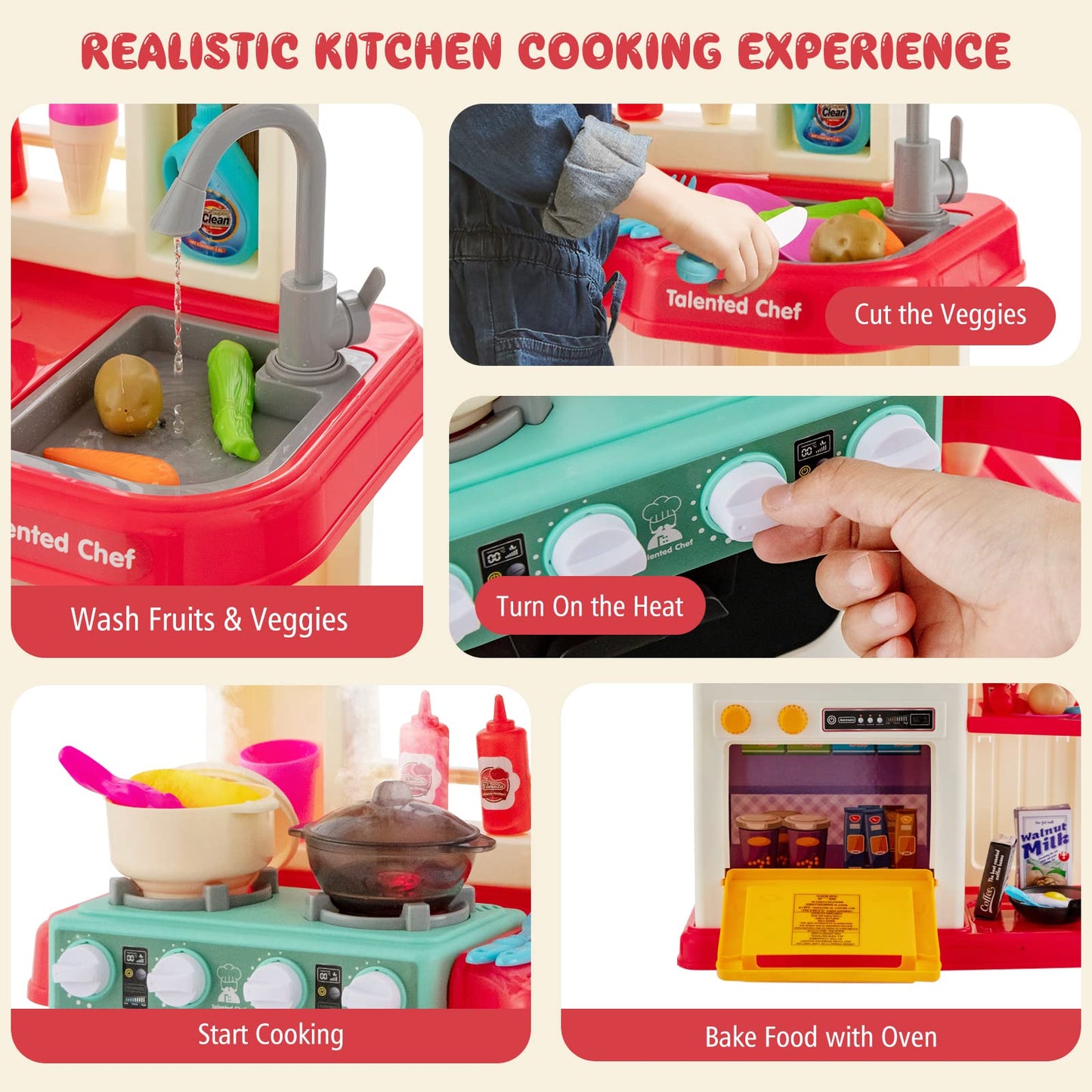 Kids Play Kitchen Set with 65 Pieces Accessories & Pretend Steam