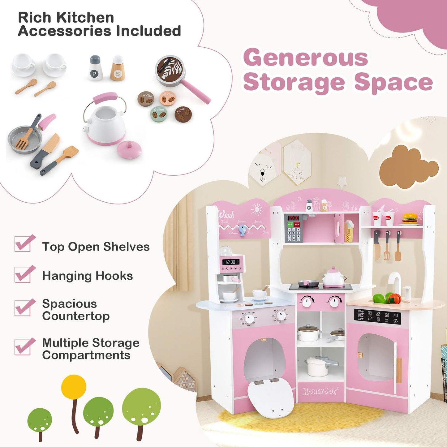 Corner Wooden Play Kitchen with Lights Sounds and Accessories