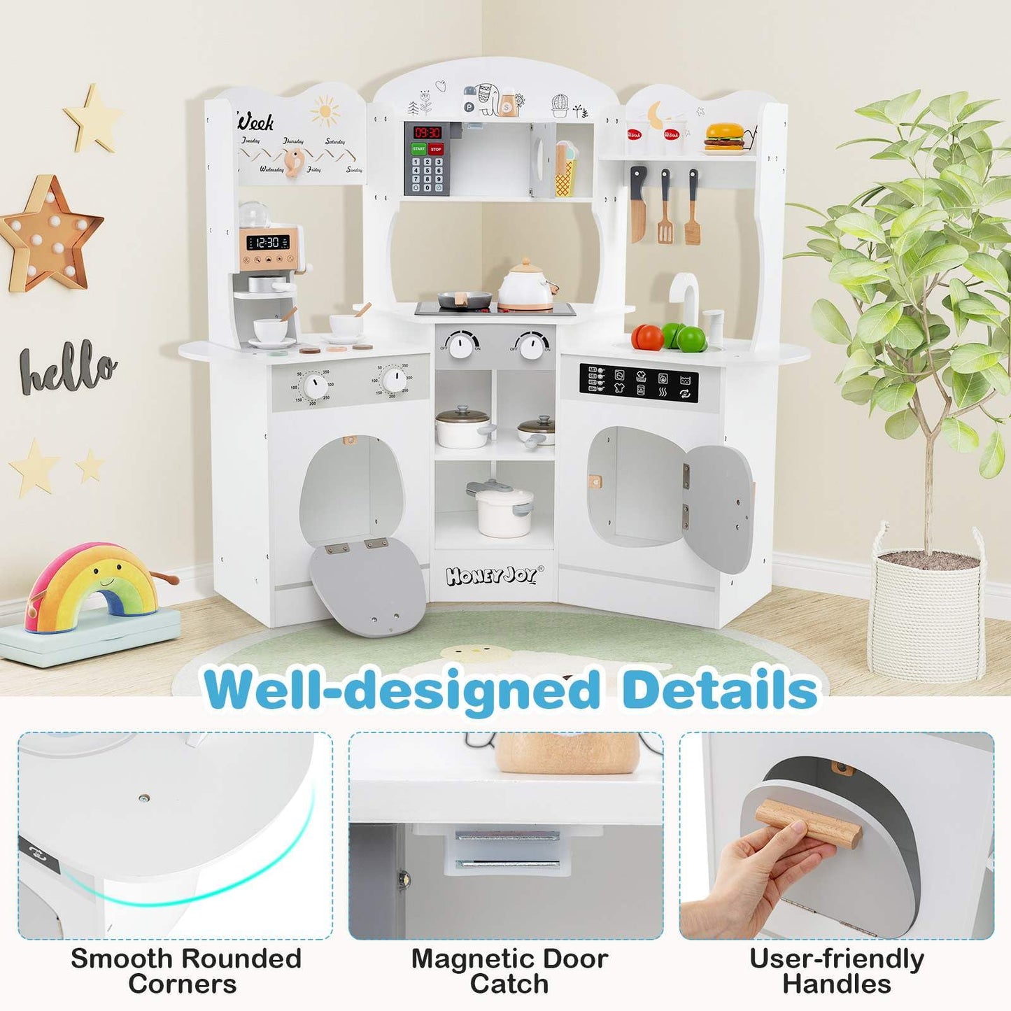 Corner Wooden Play Kitchen with Lights Sounds and Accessories