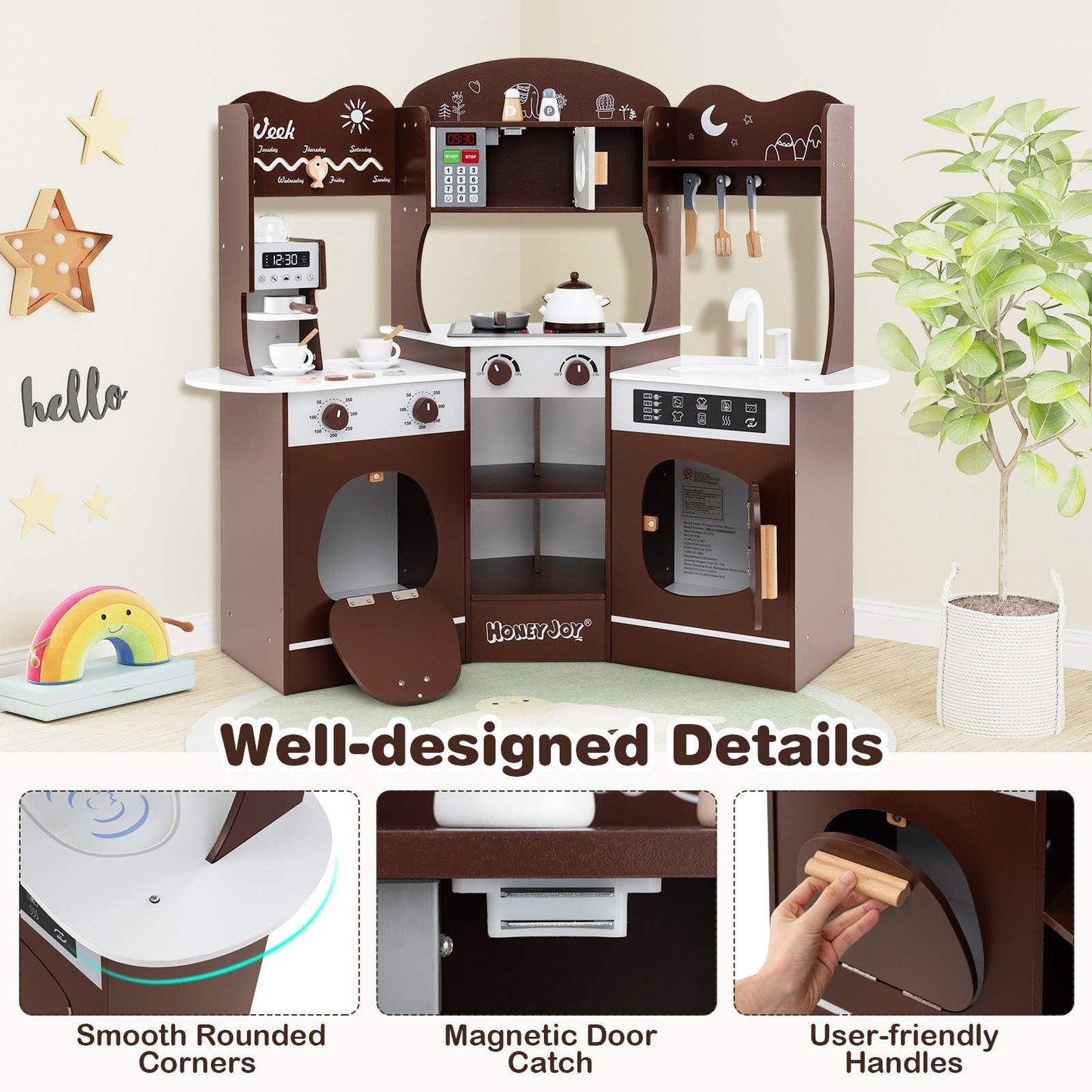 Corner Wooden Play Kitchen with Lights Sounds and Accessories