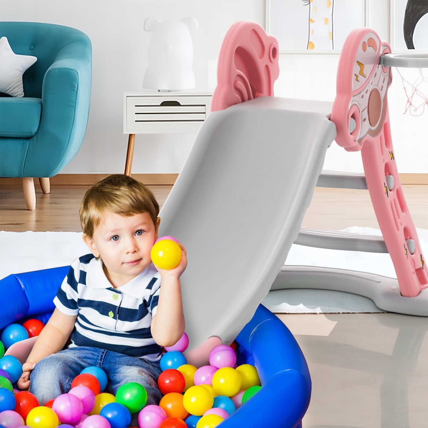 Folding Slide Playset with Basketball Hoop and Small Basketball for Kids