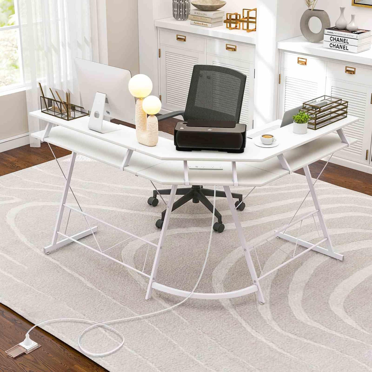 L-shaped Computer Desk with Power Outlet for Home Office