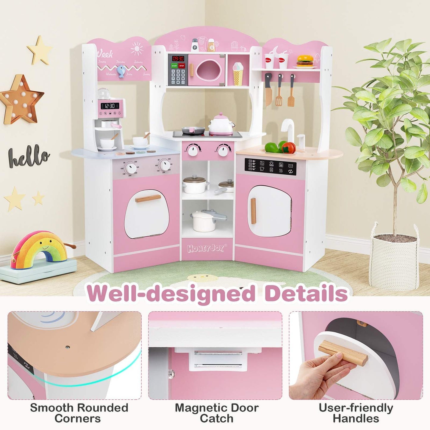 Corner Wooden Play Kitchen with Lights Sounds and Accessories