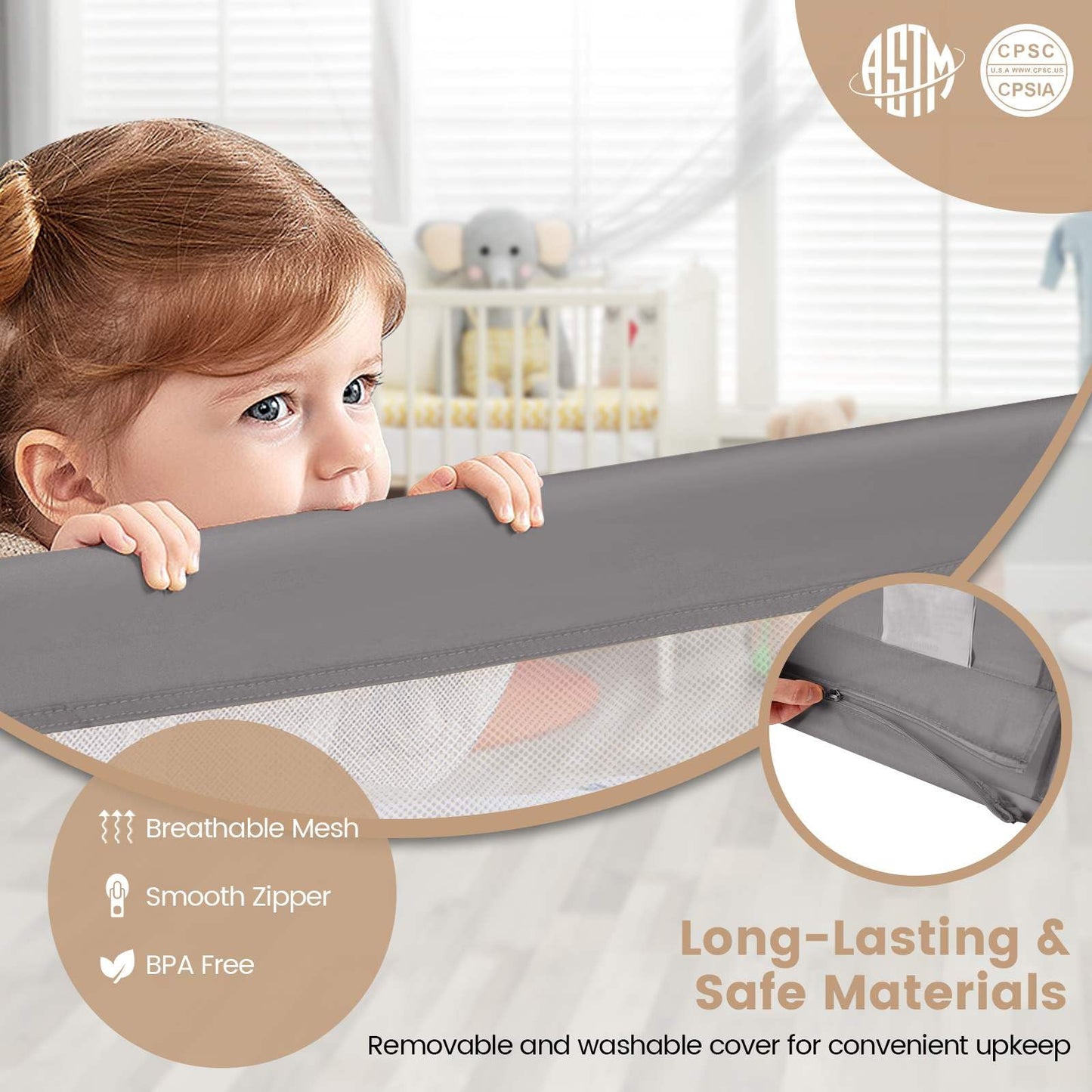 Height Adjustable Bed Rail with Mesh Cloth for Toddlers