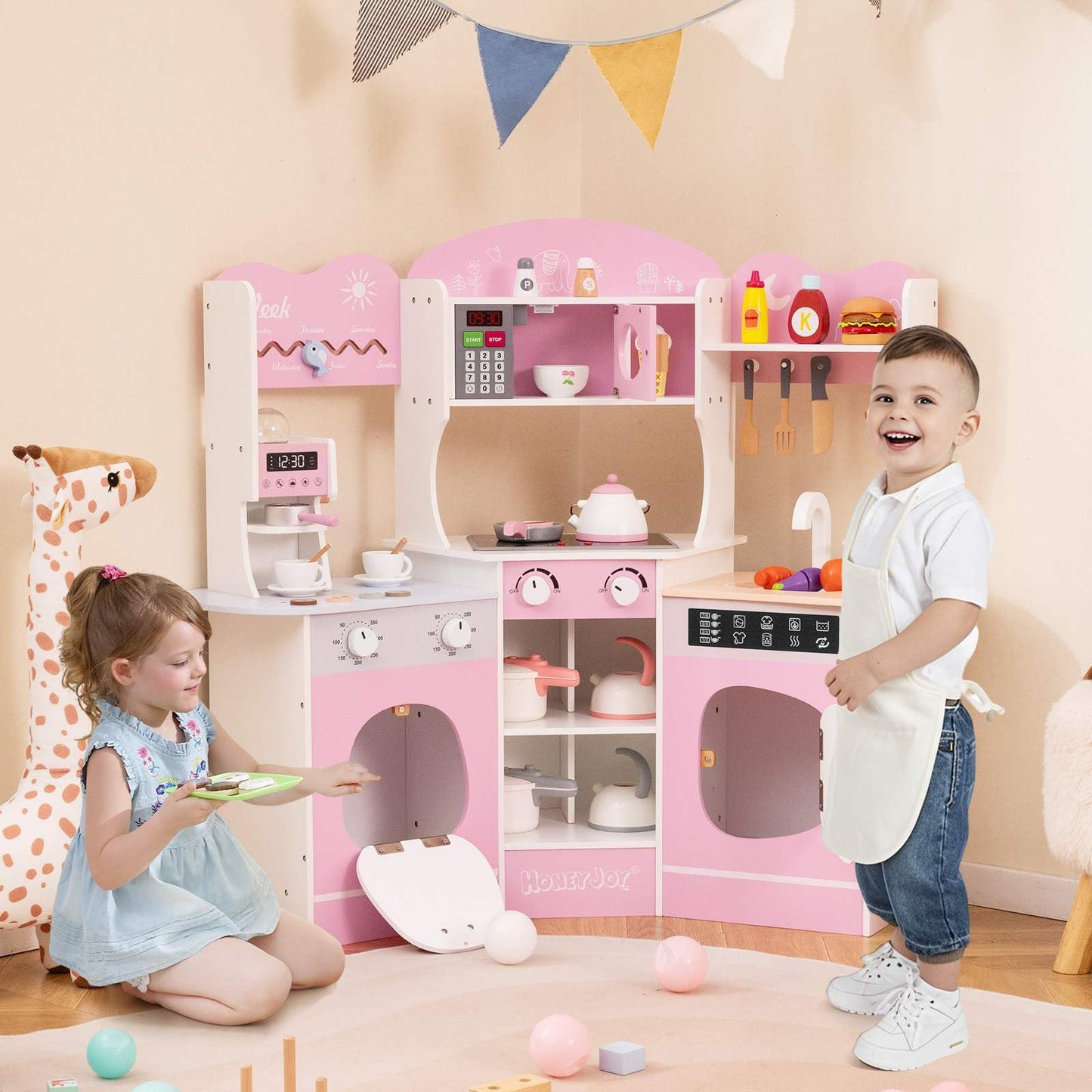 Corner Wooden Play Kitchen with Lights Sounds and Accessories