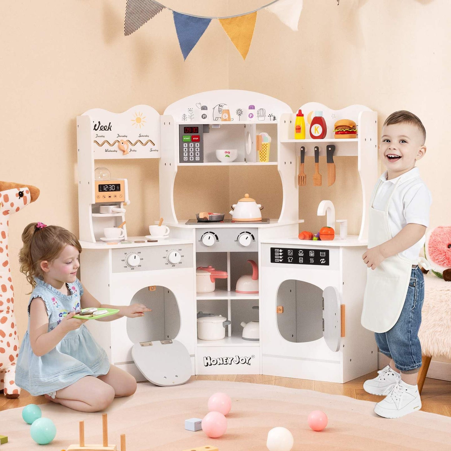 Corner Wooden Play Kitchen with Lights Sounds and Accessories