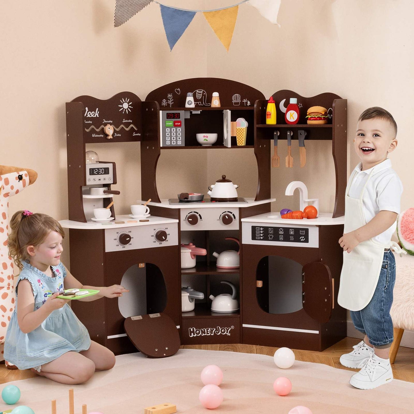 Corner Wooden Play Kitchen with Lights Sounds and Accessories