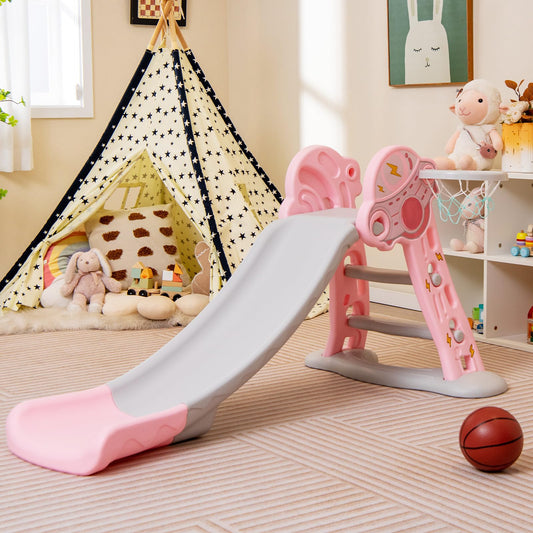 Folding Slide Playset with Basketball Hoop and Small Basketball for Kids