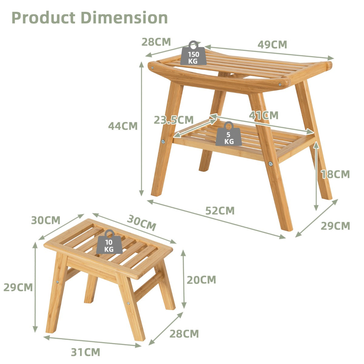 Bamboo Shower Seat Bench with Foot Stool for Indoor & Outdoor