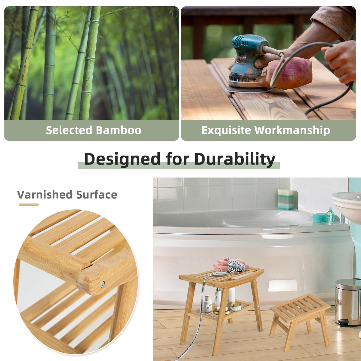 Bamboo Shower Seat Bench with Foot Stool for Indoor & Outdoor