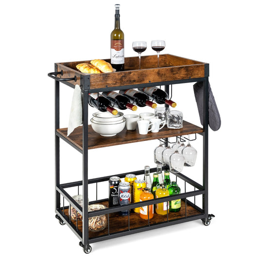 Kitchen Cart with Removable Top Tray & Wine Rack & Glass Holder