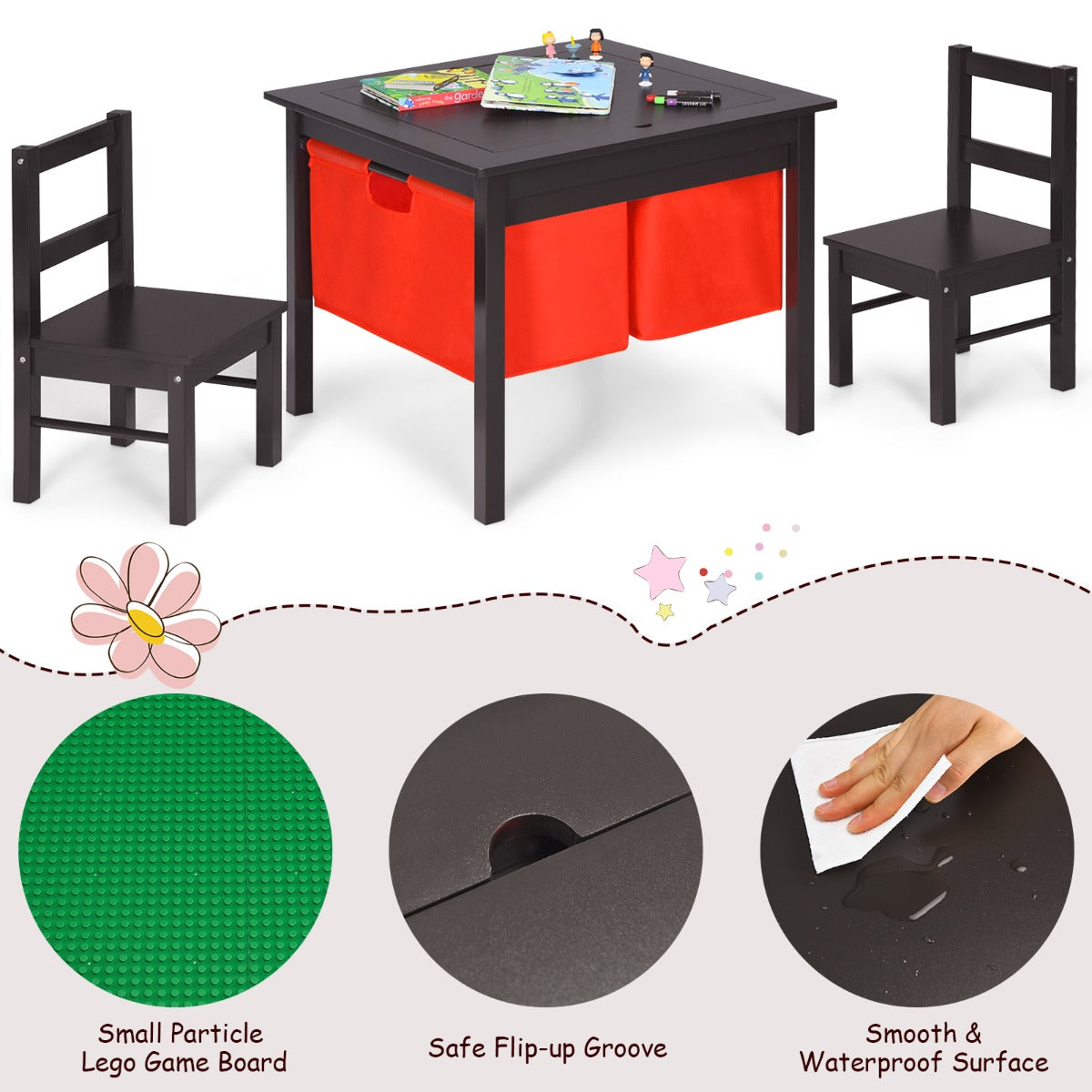 2-in-1 Kids Activity Table and Chair Set with Storage-Coffee