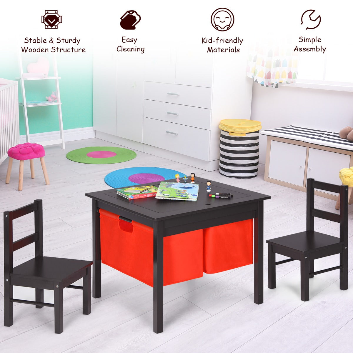 2-in-1 Kids Activity Table and Chair Set with Storage-Coffee