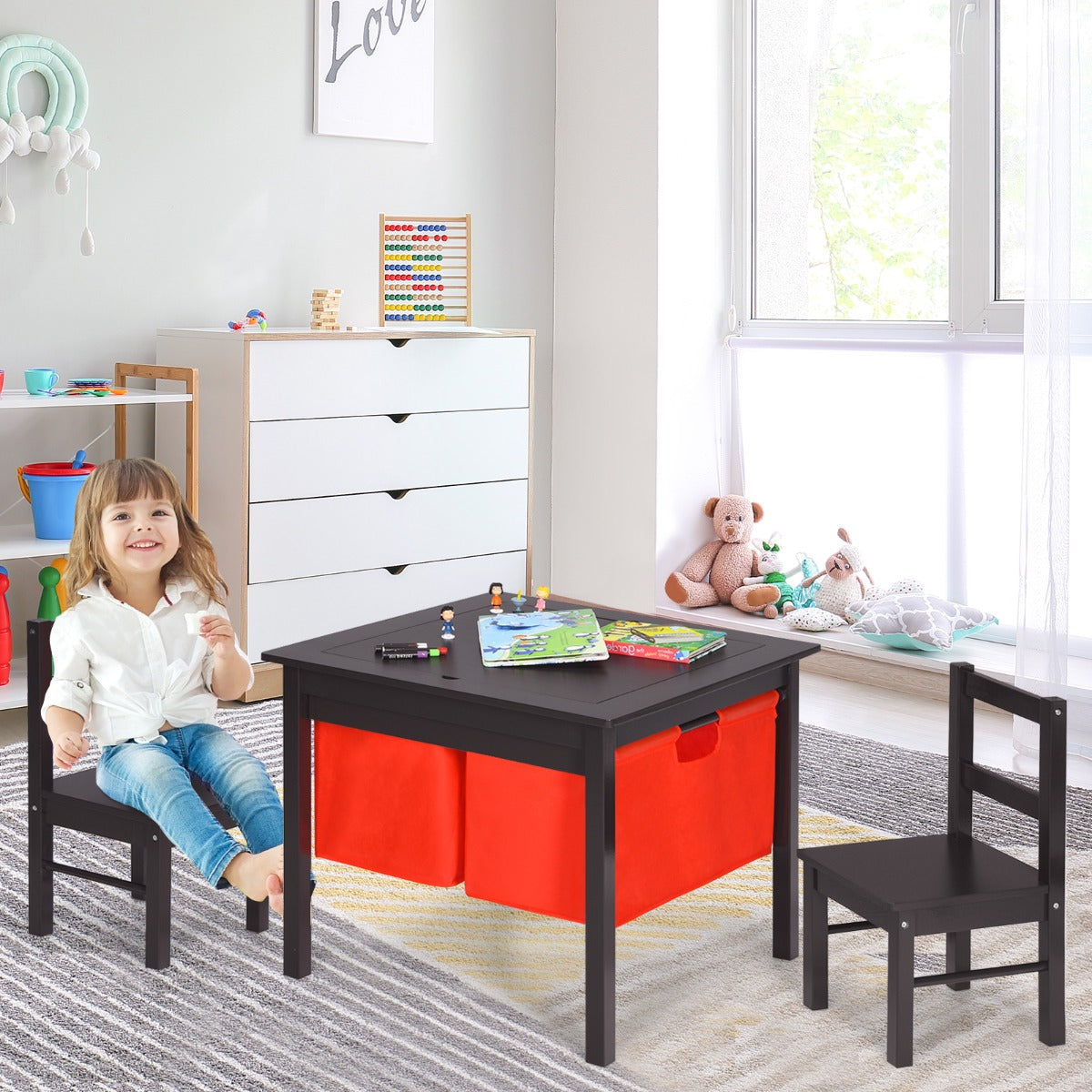 2-in-1 Kids Activity Table and Chair Set with Storage-Coffee