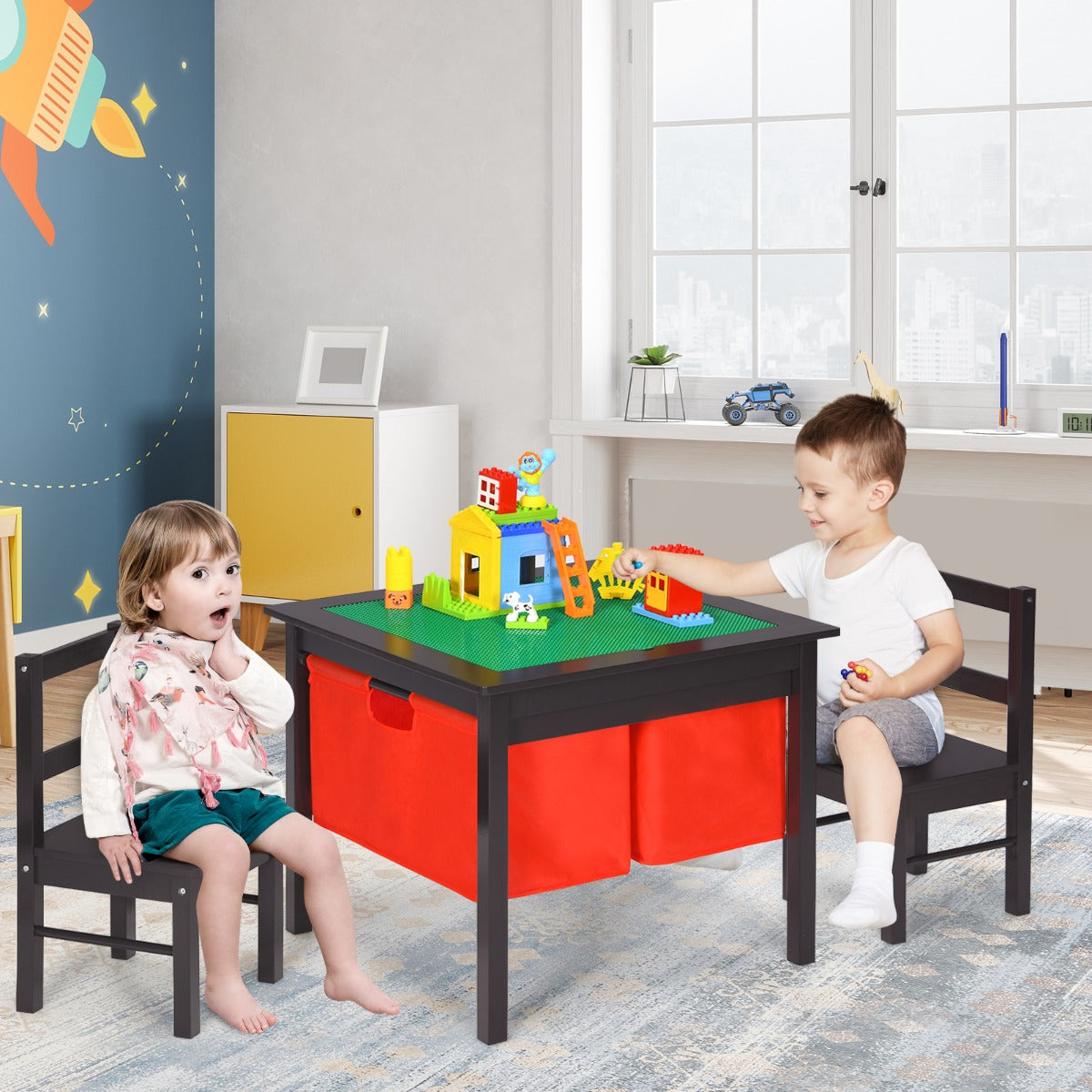 2-in-1 Kids Activity Table and Chair Set with Storage-Coffee