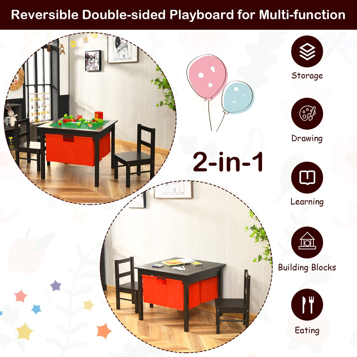 2-in-1 Kids Activity Table and Chair Set with Storage-Coffee