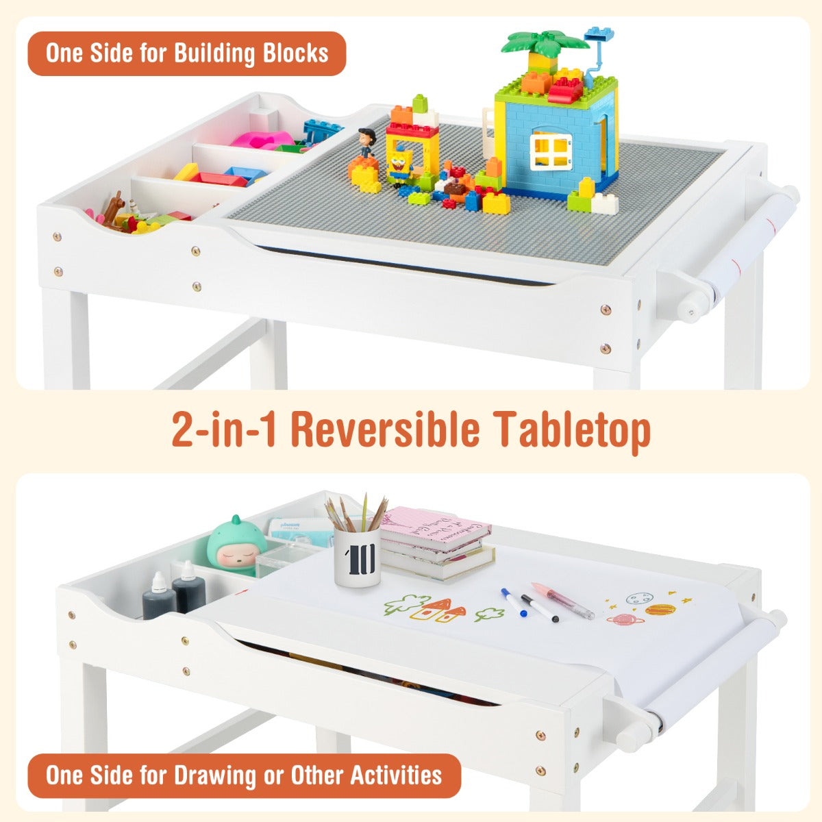 2-in-1 Kids Activity Table with Reversible Tabletop and Storage Compartments