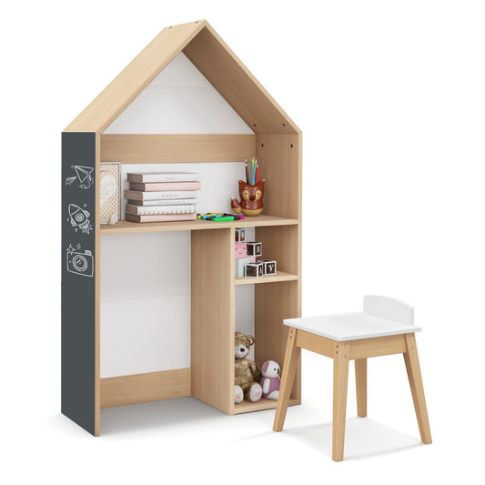 Kids House-Shaped Table and Chair Set with Storage & Blackboard