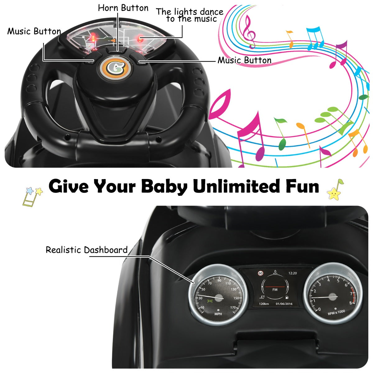 3-in-1 Kids Ride On Push Car with Horn, Music, Light Dancing to Music for Toddlers