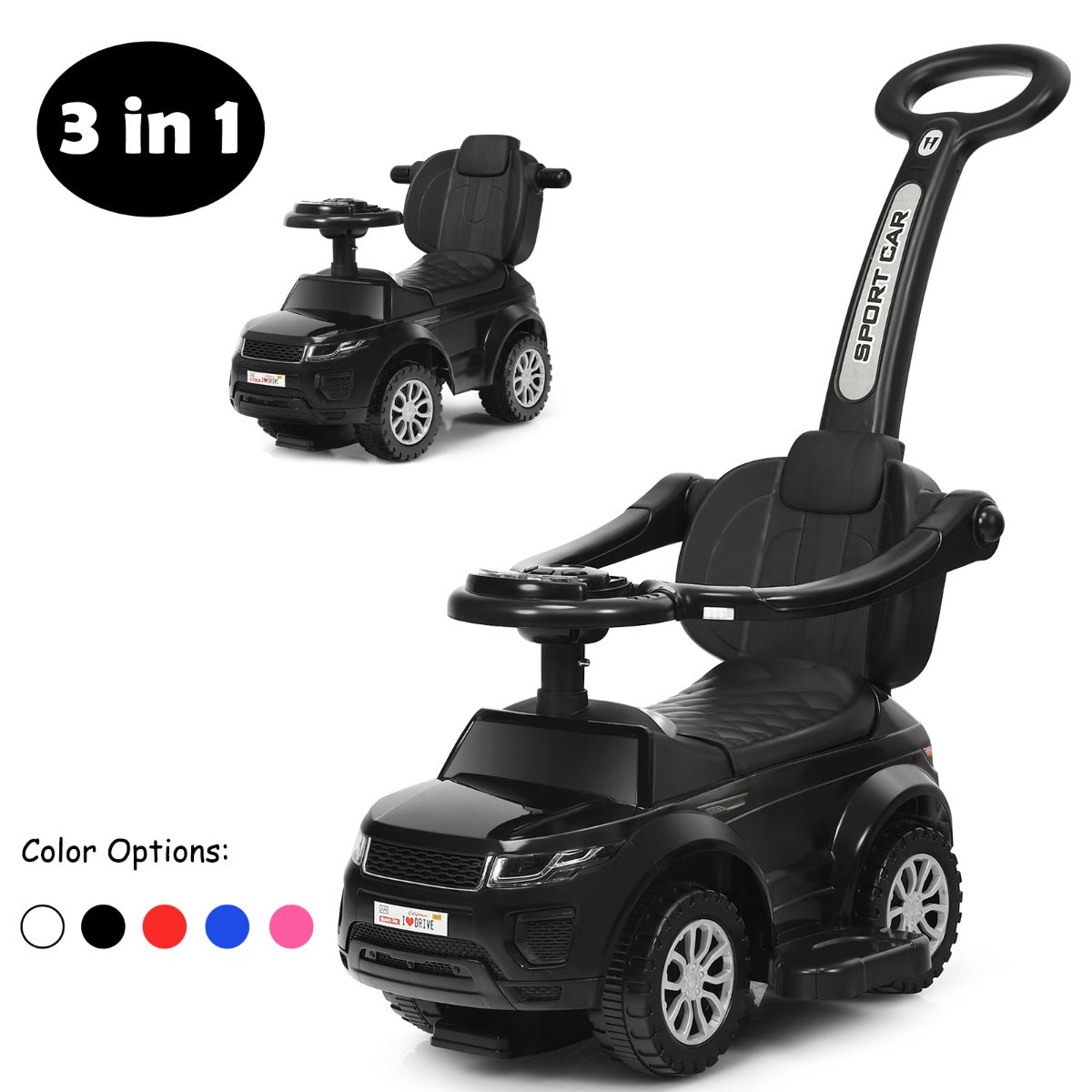 3-in-1 Kids Ride On Push Car with Horn, Music, Light Dancing to Music for Toddlers