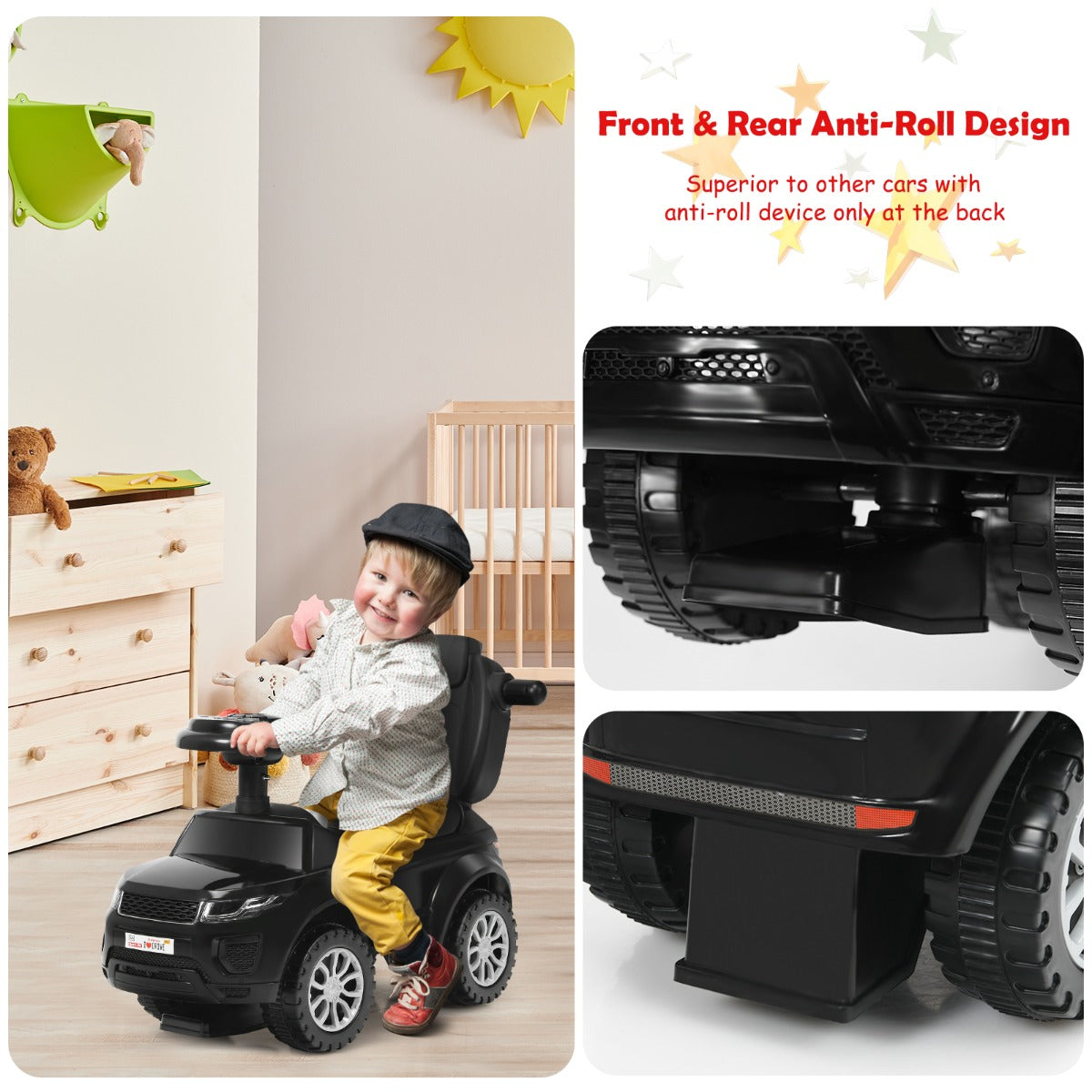 3-in-1 Kids Ride On Push Car with Horn, Music, Light Dancing to Music for Toddlers