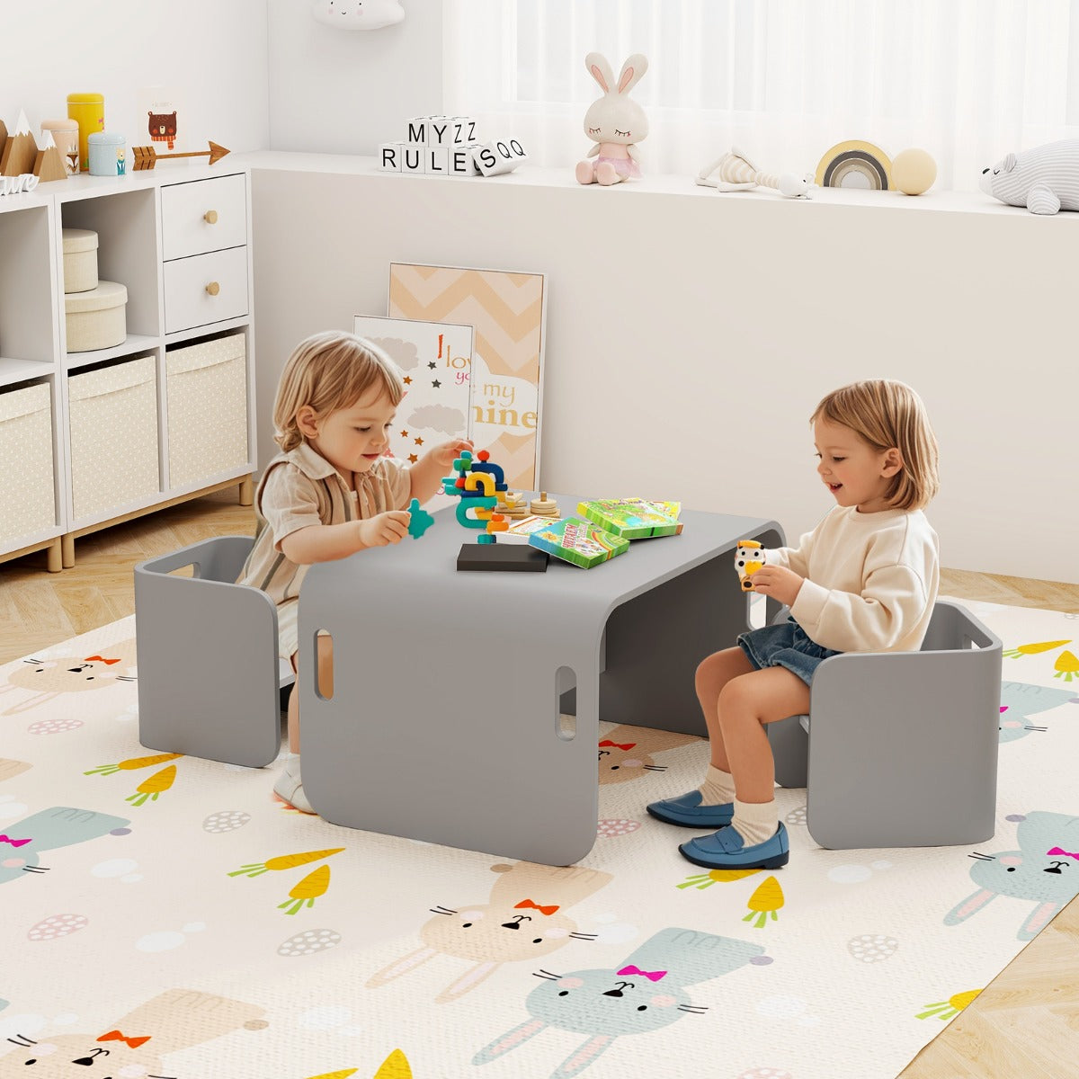 Kids Table and Chair Set with Storage Shelves-Grey