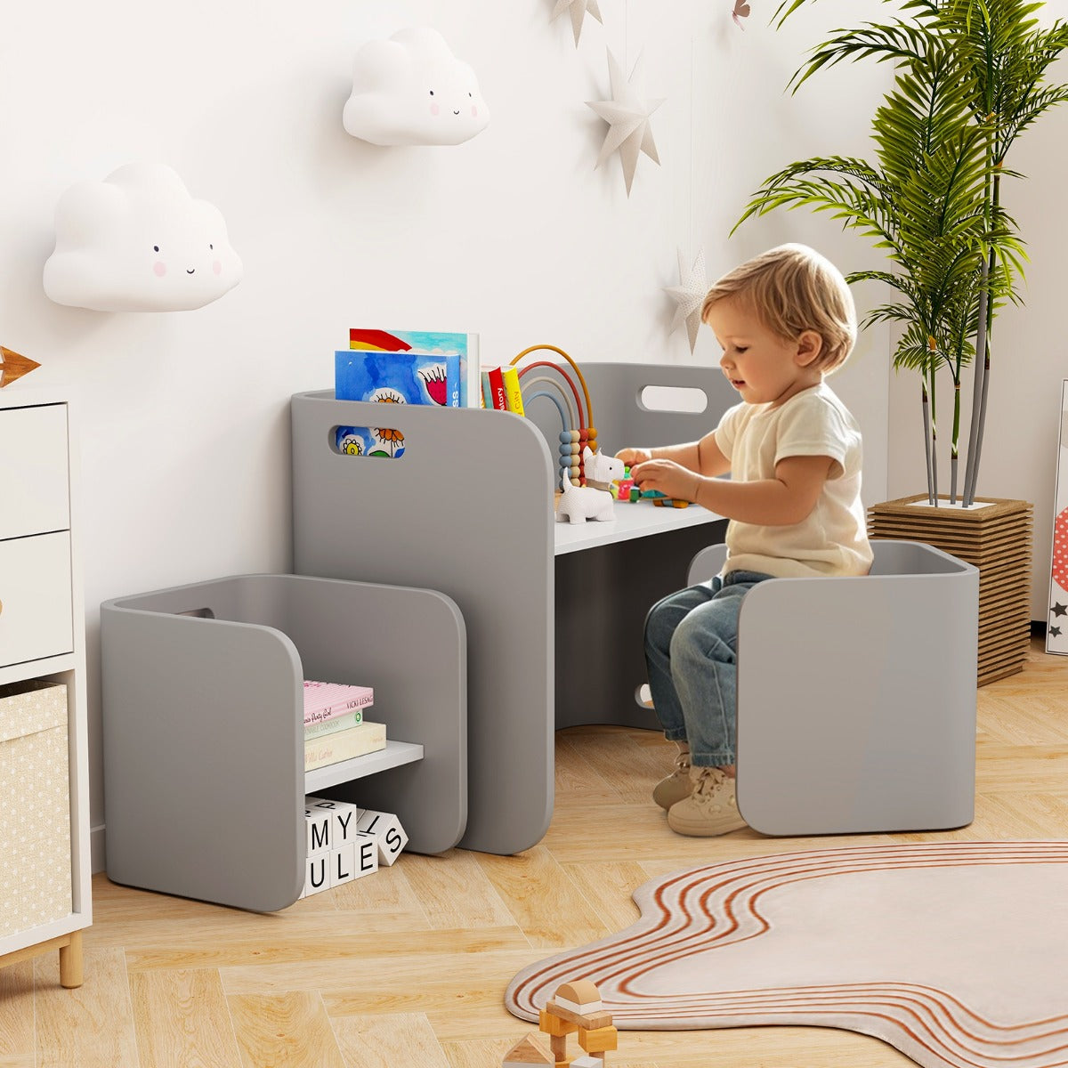 Kids Table and Chair Set with Storage Shelves-Grey