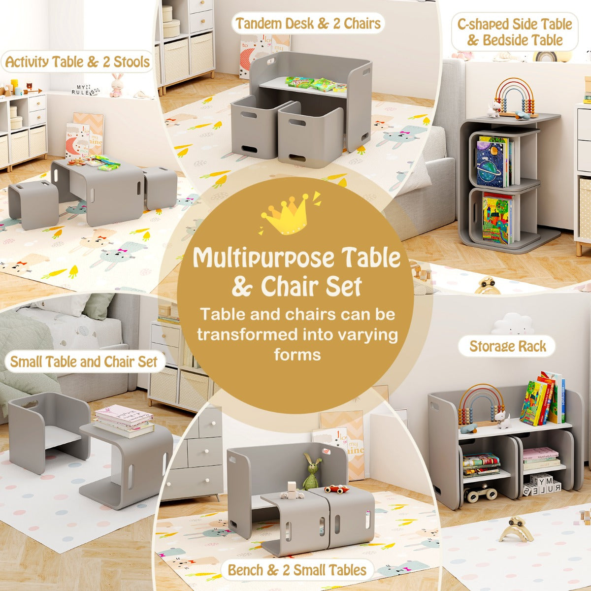 Kids Table and Chair Set with Storage Shelves-Grey