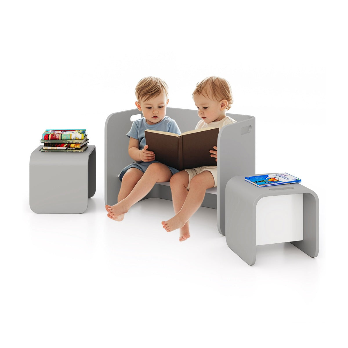 Kids Table and Chair Set with Storage Shelves-Grey