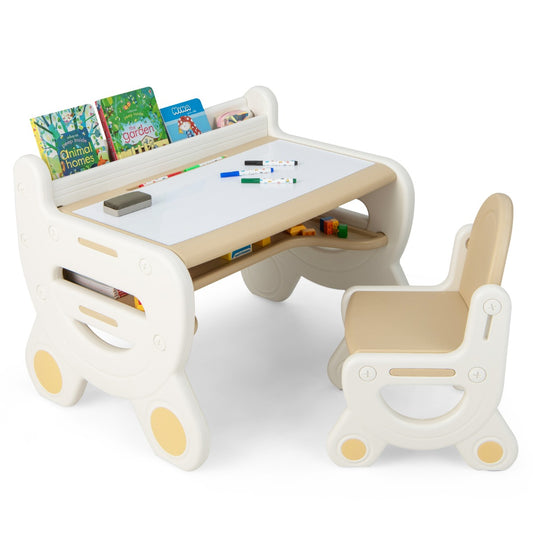 Kids Drawing Table and Chair Set with Graffiti Desktop Bookshelf