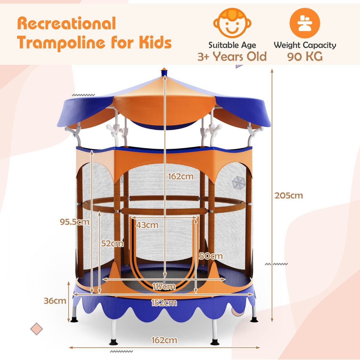 Kids Trampoline with Detachable Sunshade Canopy for Christmas