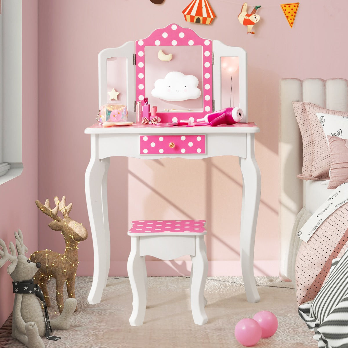 Kids Vanity Set with Tri-folding Mirror, Drawer and Stool -Pink-Polka-dot Print