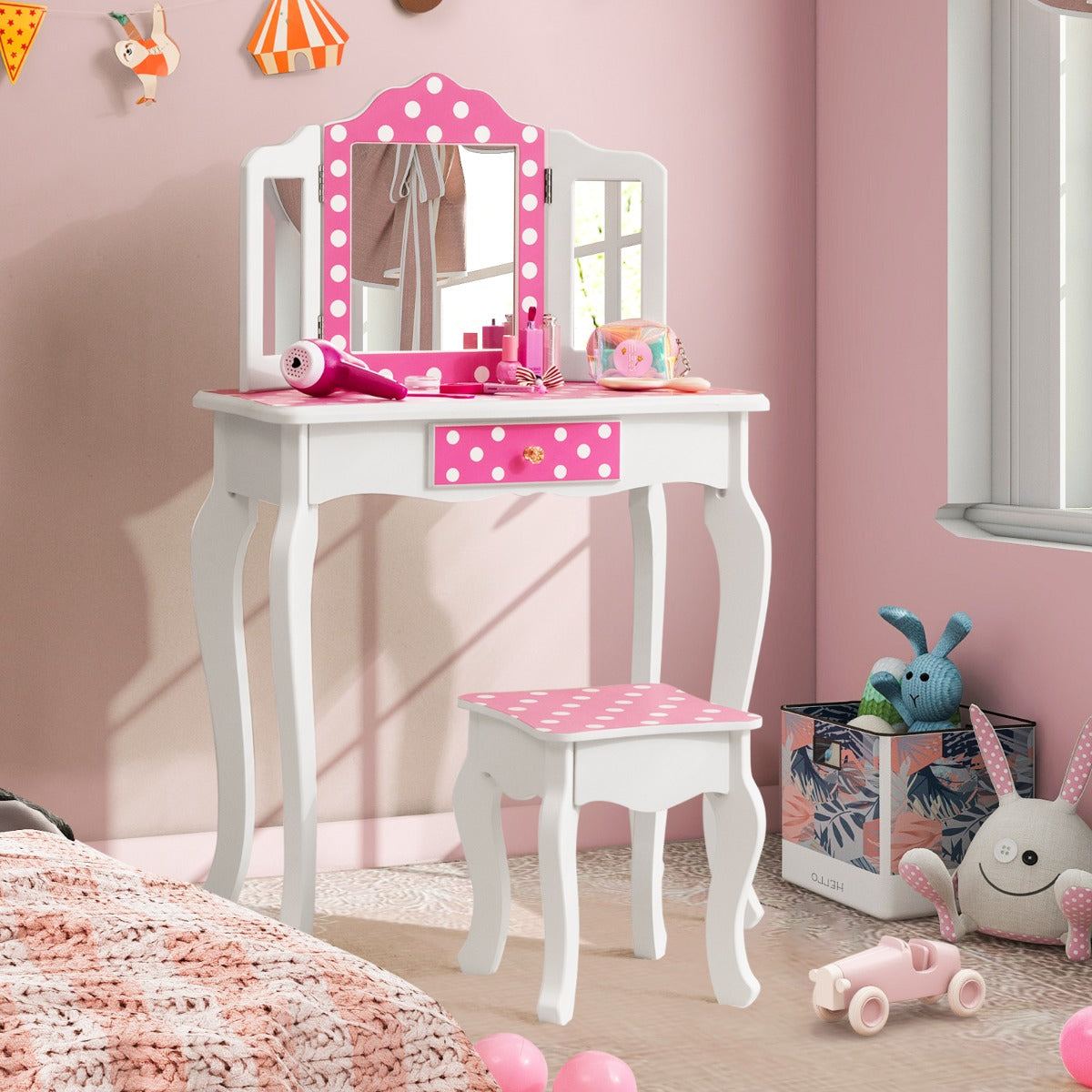 Kids Vanity Set with Tri-folding Mirror, Drawer and Stool -Pink-Polka-dot Print