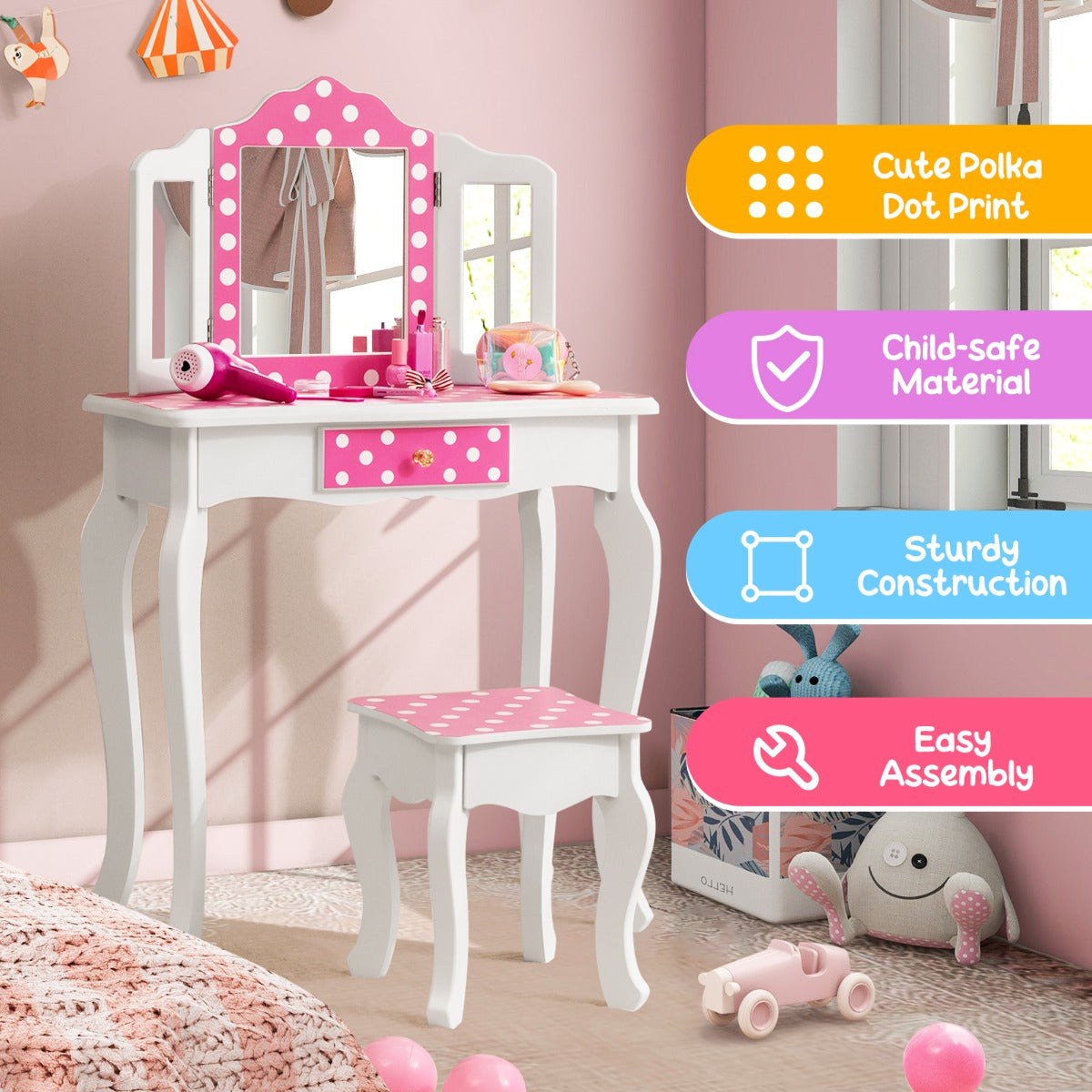 Kids Vanity Set with Tri-folding Mirror, Drawer and Stool -Pink-Polka-dot Print