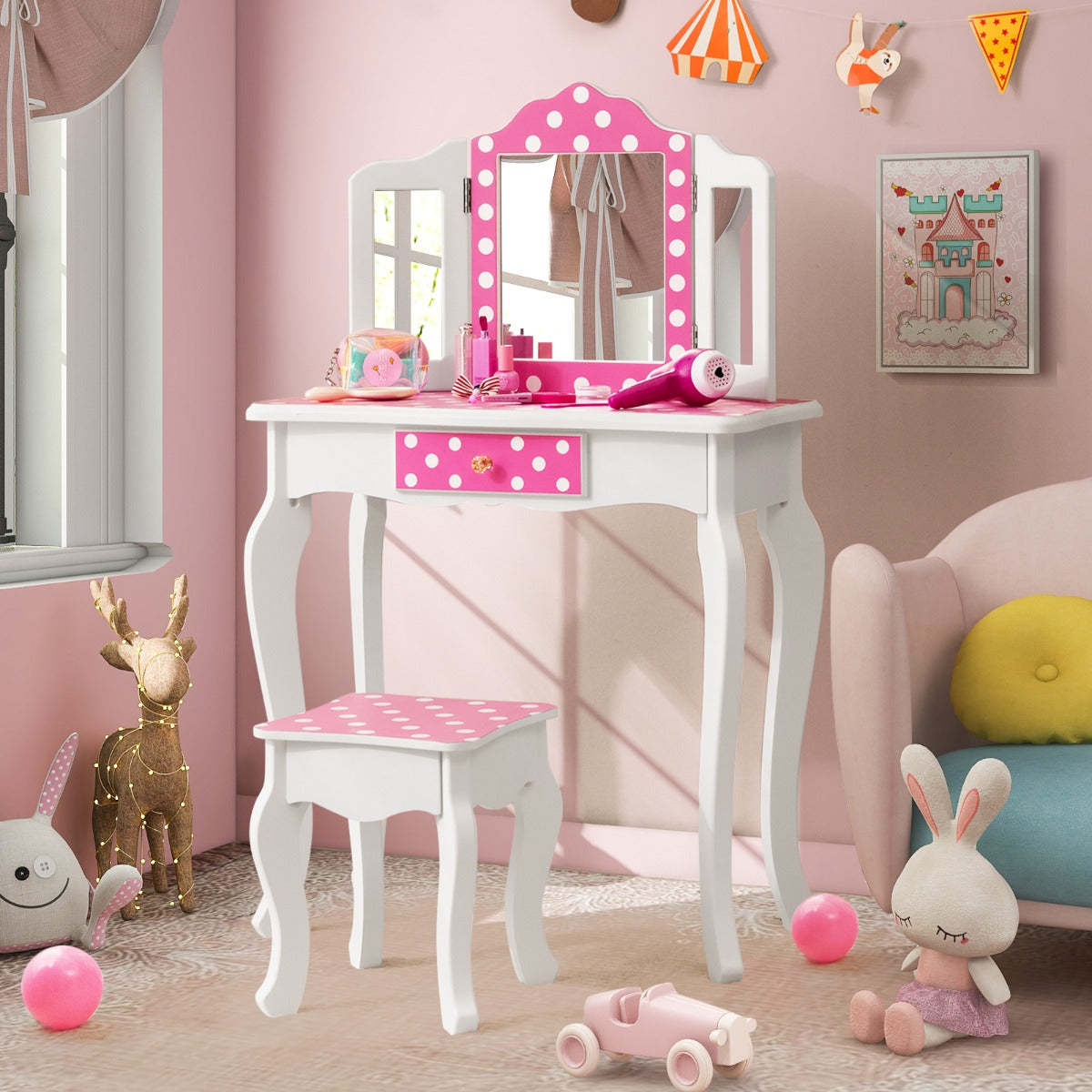 Kids Vanity Set with Tri-folding Mirror, Drawer and Stool -Pink-Polka-dot Print