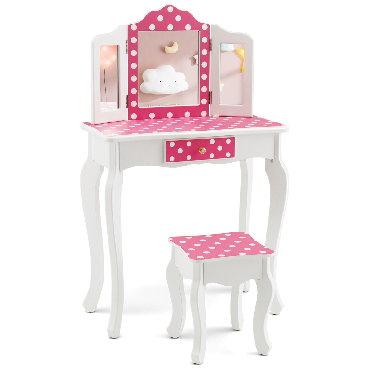 Kids Vanity Set with Tri-folding Mirror, Drawer and Stool -Pink-Polka-dot Print