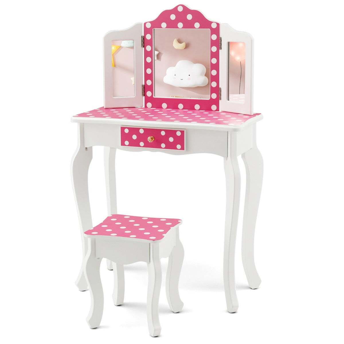 Kids Vanity Set with Tri-folding Mirror, Drawer and Stool -Pink-Polka-dot Print