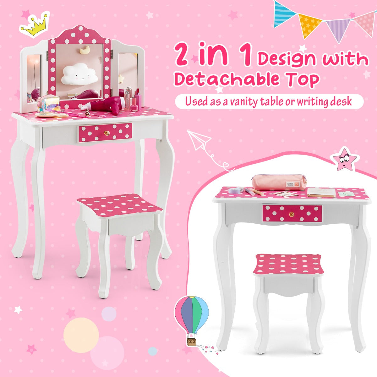 Kids Vanity Set with Tri-folding Mirror, Drawer and Stool -Pink-Polka-dot Print