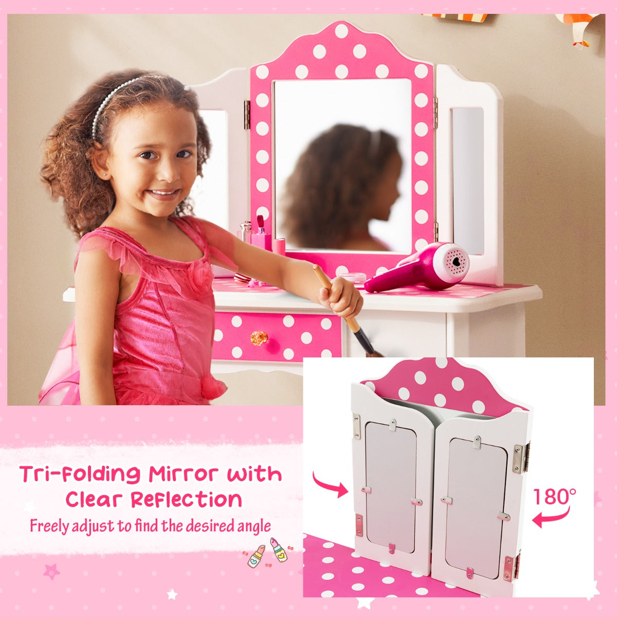 Kids Vanity Set with Tri-folding Mirror, Drawer and Stool -Pink-Polka-dot Print