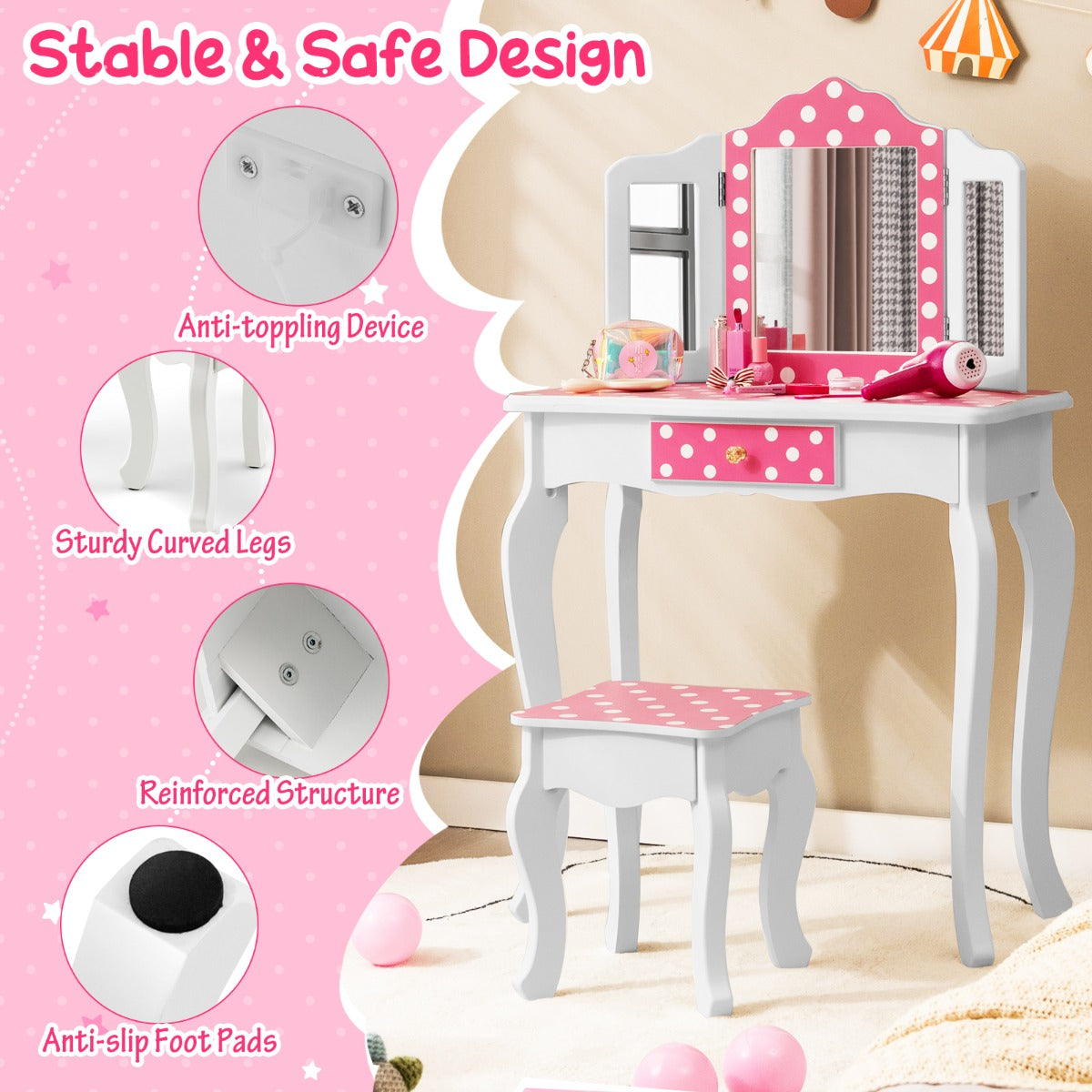 Kids Vanity Set with Tri-folding Mirror, Drawer and Stool -Pink-Polka-dot Print