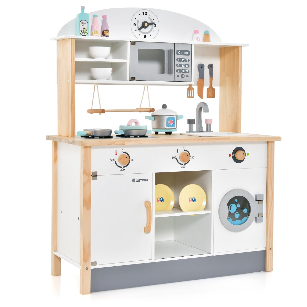 Kids Wooden Kitchen Playset with Microwave & Washing Machine