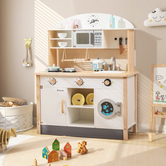 Kids Wooden Kitchen Playset with Microwave & Washing Machine