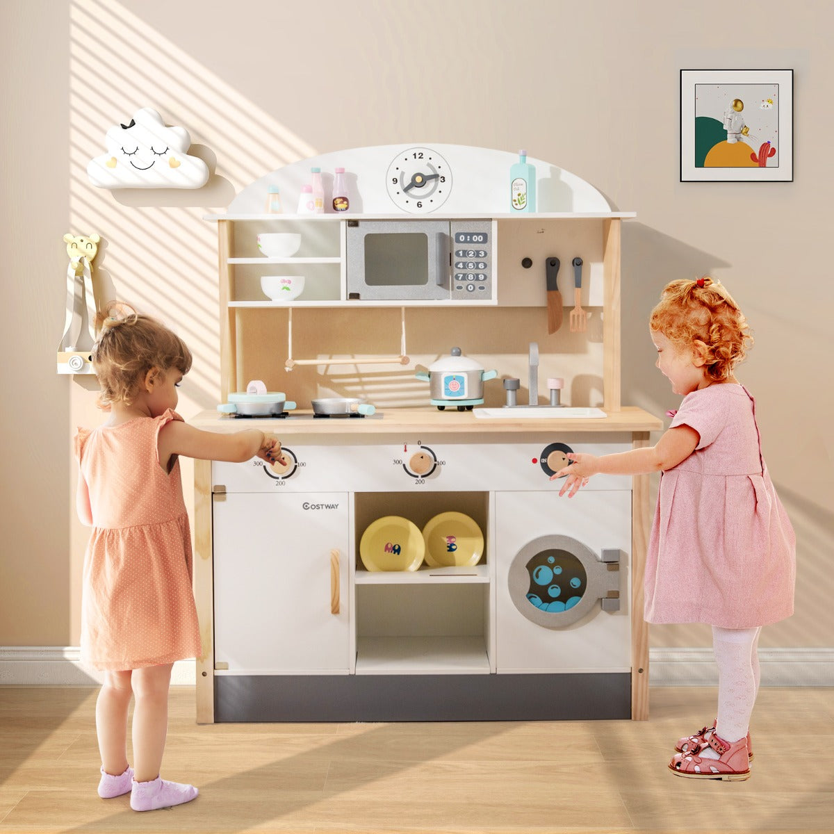 Kids Wooden Kitchen Playset with Microwave & Washing Machine